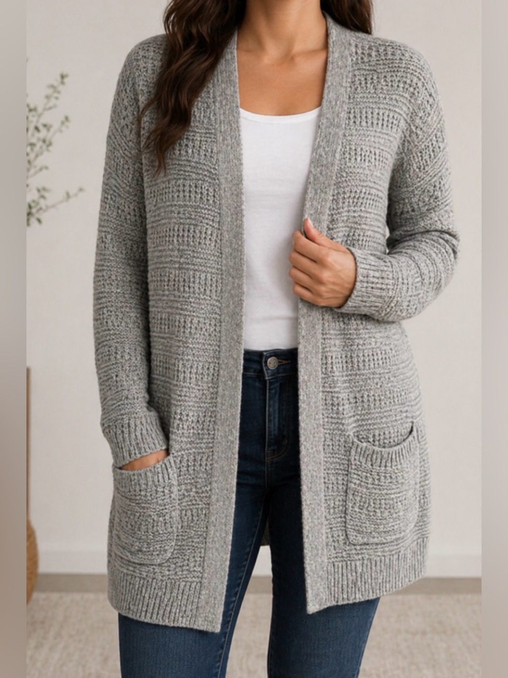 ❤️ Open Front Textured Relaxed Fit Pockets Cardigan Sweater